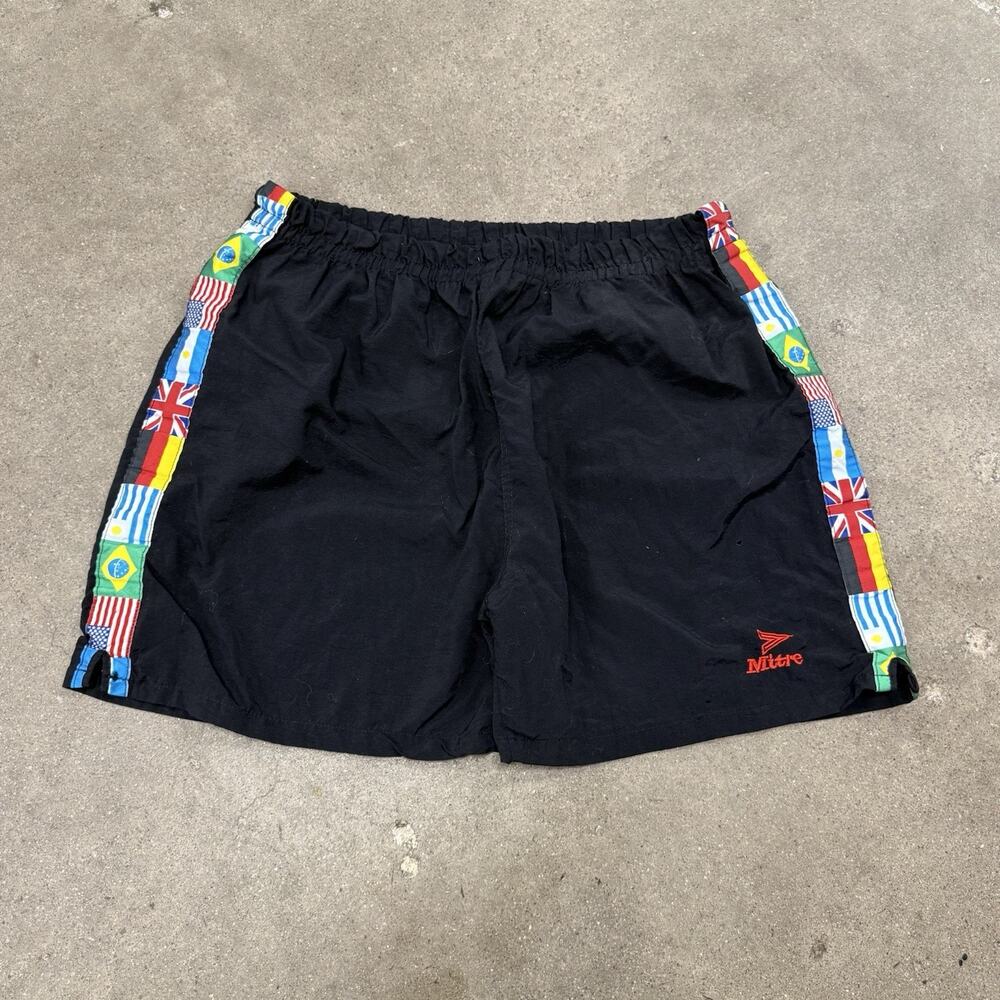 Vintage Mitre Soccer Football Shorts Nylon Flags Print Black 90s Size XL 34x4.5
